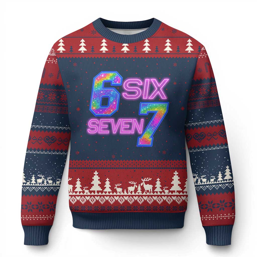 Colorful Neon Light Effect Ugly Christmas Sweater Six Seven Meme TS12 Navy Red Print Your Wear