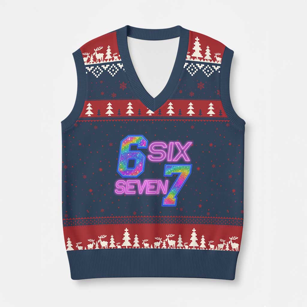 Colorful Neon Light Effect V-Neck Knit Sweater Vest Six Seven Meme TS12 Navy Red Print Your Wear