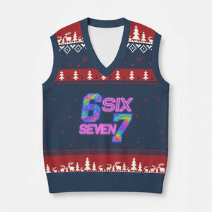 Colorful Neon Light Effect V-Neck Knit Sweater Vest Six Seven Meme TS12 Navy Red Print Your Wear