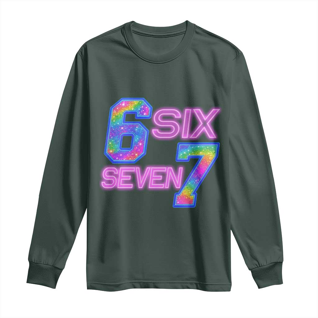 Colorful Neon Light Effect Long Sleeve Shirt Six Seven Meme TS12 Dark Forest Green Print Your Wear