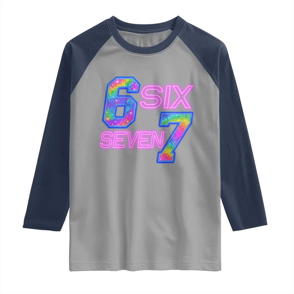 Colorful Neon Light Effect Raglan Shirt Six Seven Meme TS12 Sport Gray Navy Print Your Wear