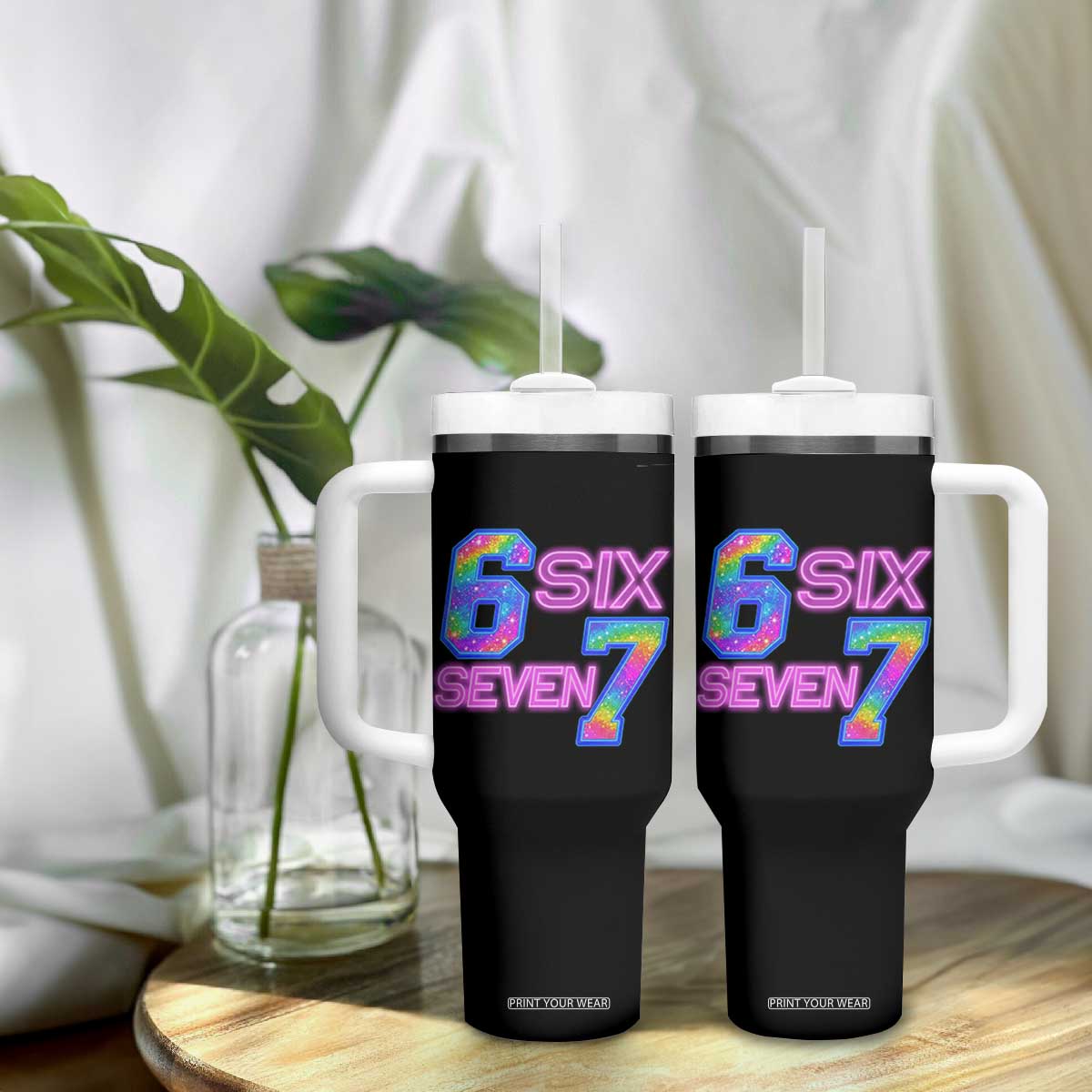 Colorful Neon Light Effect Tumbler With Handle Six Seven Meme TS12 Print Your Wear