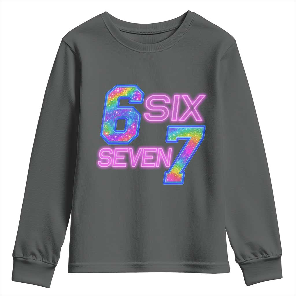 Colorful Neon Light Effect Youth Sweatshirt Six Seven Meme TS12 Dark Heather Print Your Wear