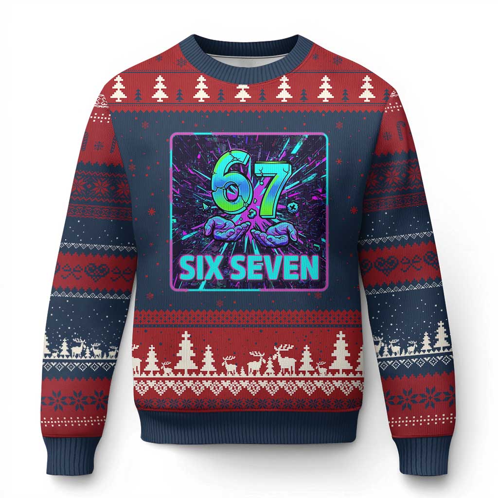 Funny Six Seven Meme Ugly Christmas Sweater Cyberpunk Neon Style TS12 Navy Red Print Your Wear