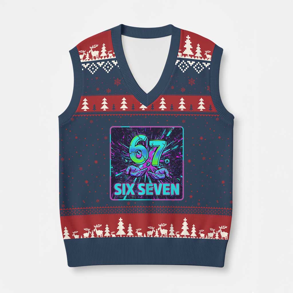 Funny Six Seven Meme V-Neck Knit Sweater Vest Cyberpunk Neon Style TS12 Navy Red Print Your Wear
