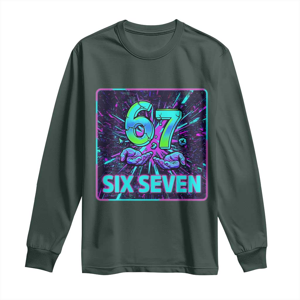 Funny Six Seven Meme Long Sleeve Shirt Cyberpunk Neon Style TS12 Dark Forest Green Print Your Wear