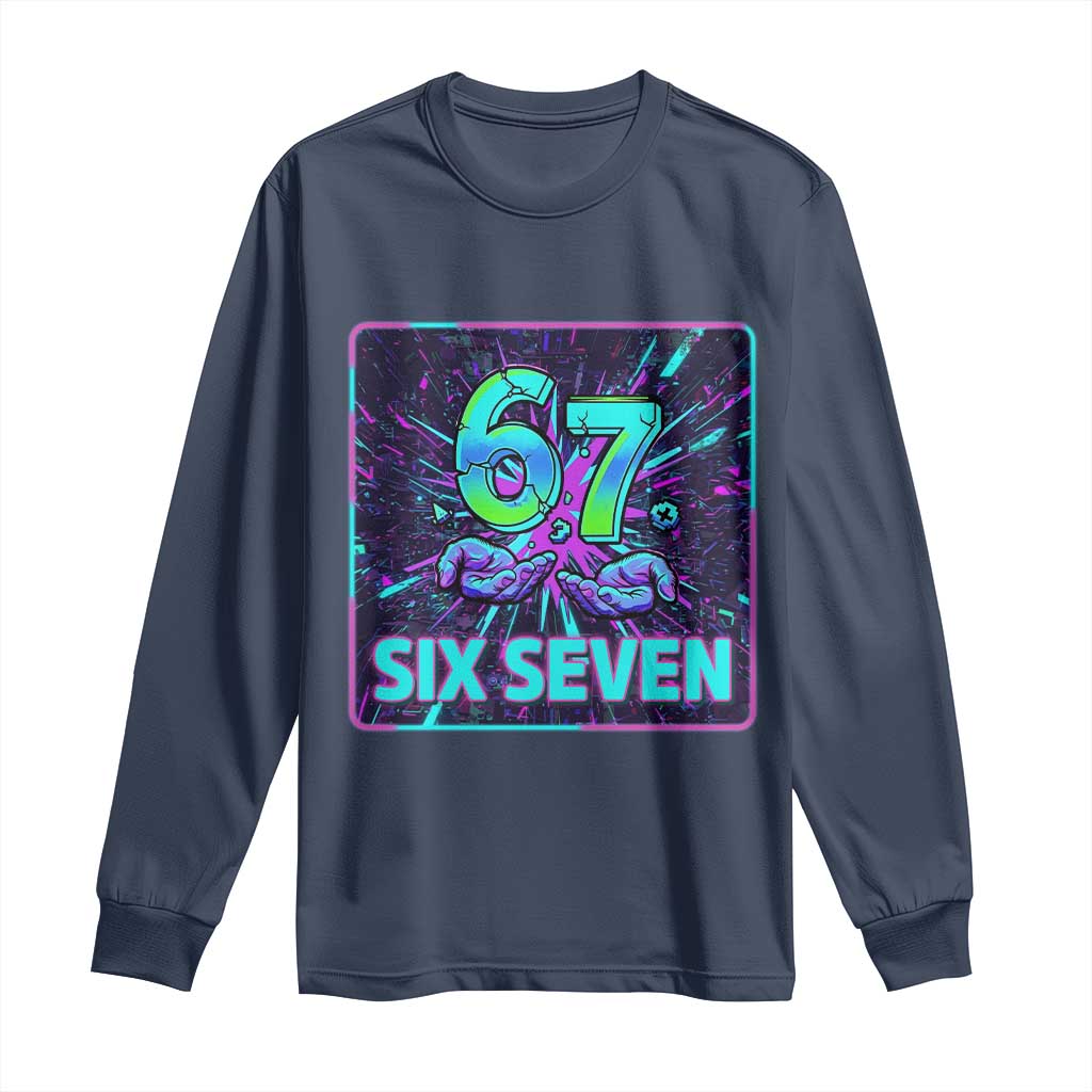 Funny Six Seven Meme Long Sleeve Shirt Cyberpunk Neon Style TS12 Navy Print Your Wear