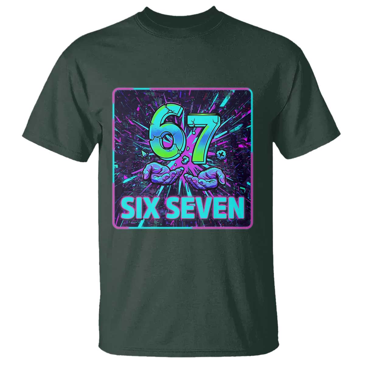 Funny Six Seven Meme T Shirt Cyberpunk Neon Style TS12 Dark Forest Green Print Your Wear