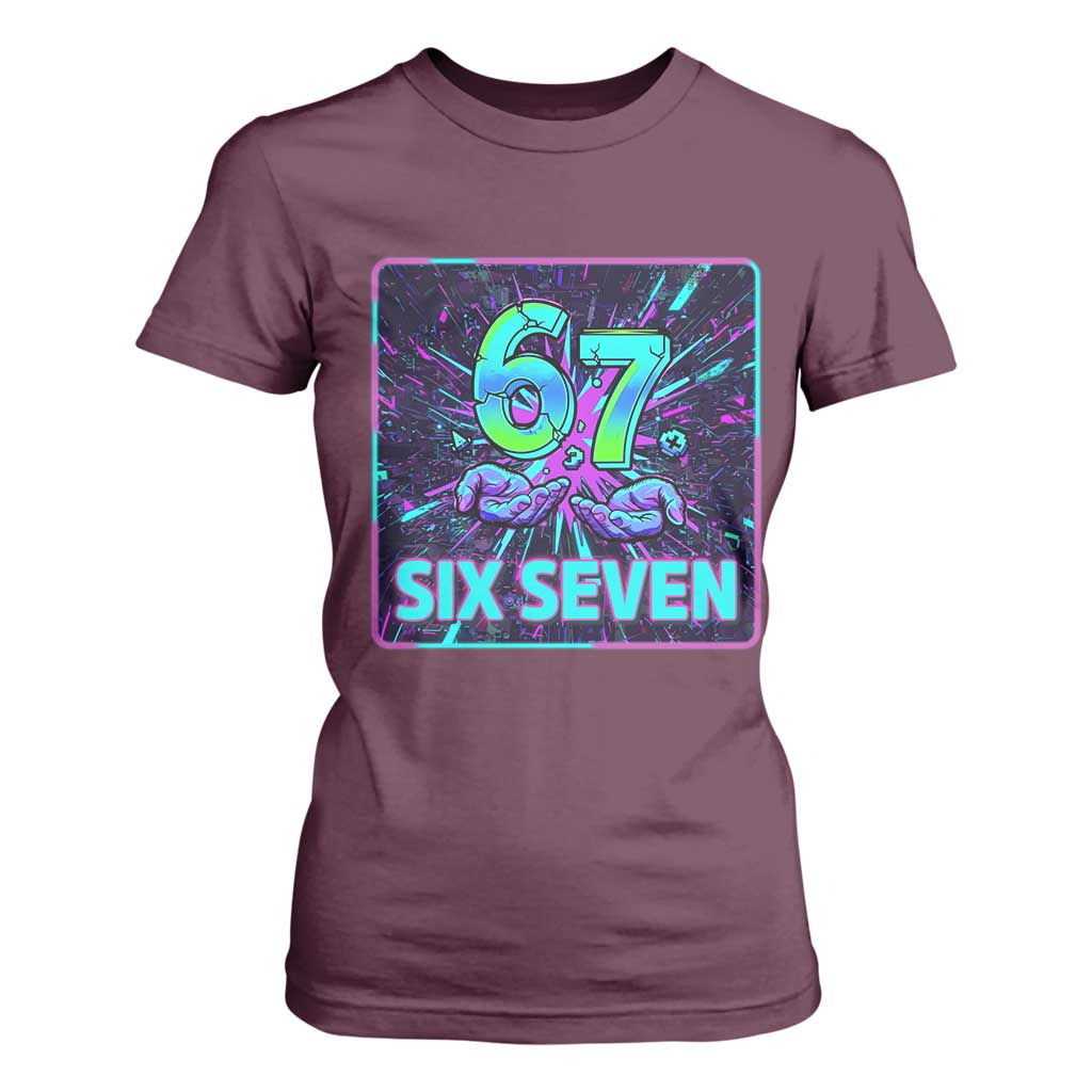 Funny Six Seven Meme T Shirt For Women Cyberpunk Neon Style TS12 Maroon Print Your Wear