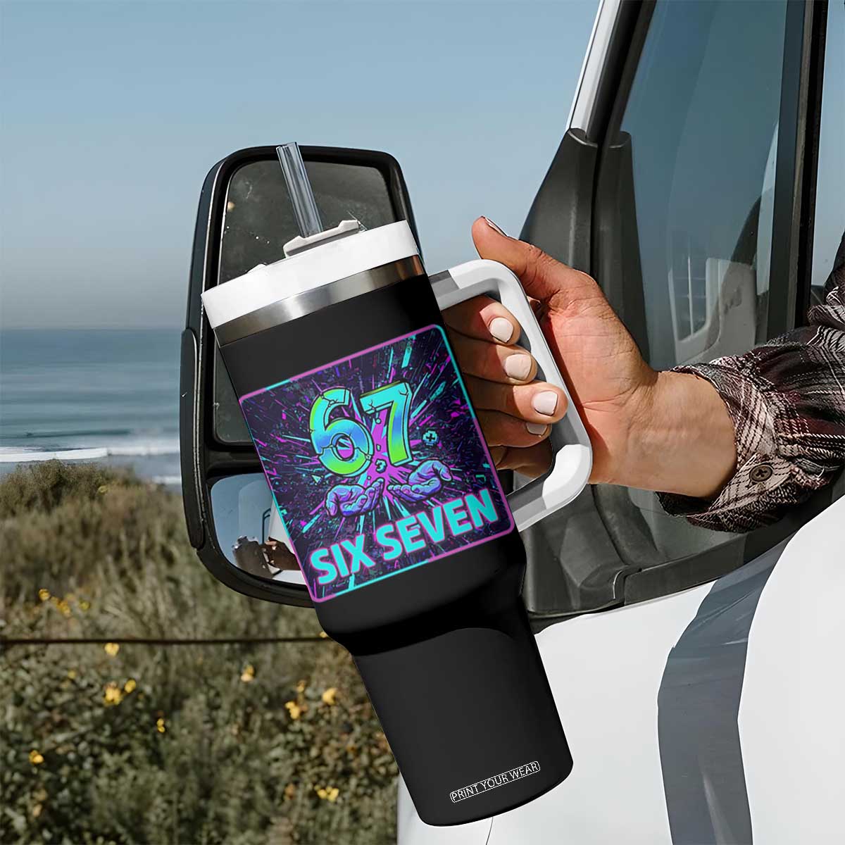 Funny Six Seven Meme Tumbler With Handle Cyberpunk Neon Style TS12 Print Your Wear