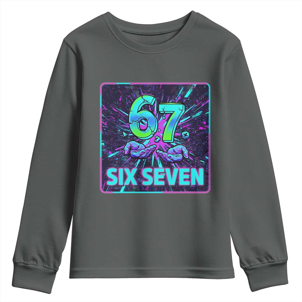 Funny Six Seven Meme Youth Sweatshirt Cyberpunk Neon Style TS12 Dark Heather Print Your Wear