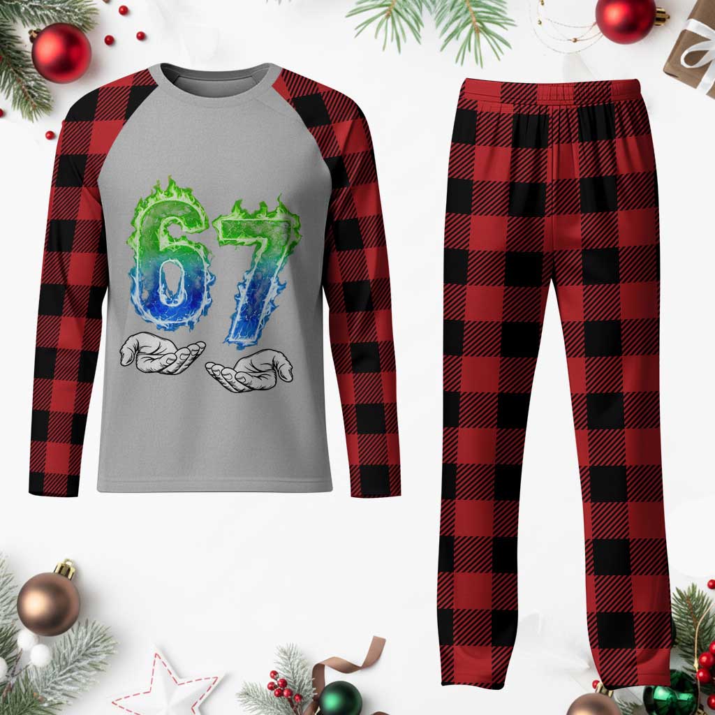 Green Fire Flame Six Seven Plaid Pajama Set Trendy Meme Gift TS12 Buffalo Plaid Print Your Wear