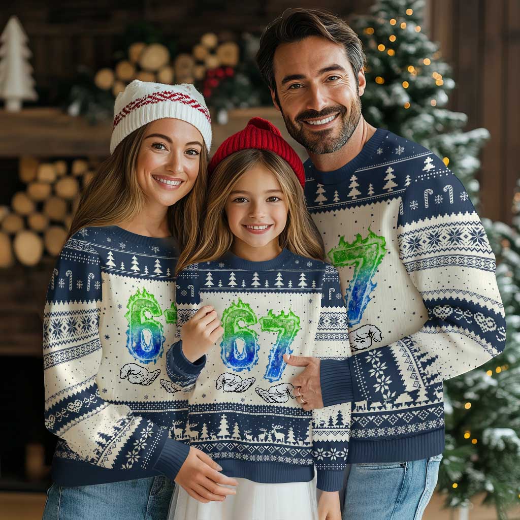 Green Fire Flame Six Seven Ugly Christmas Sweater Trendy Meme Gift TS12 Beige Navy Print Your Wear