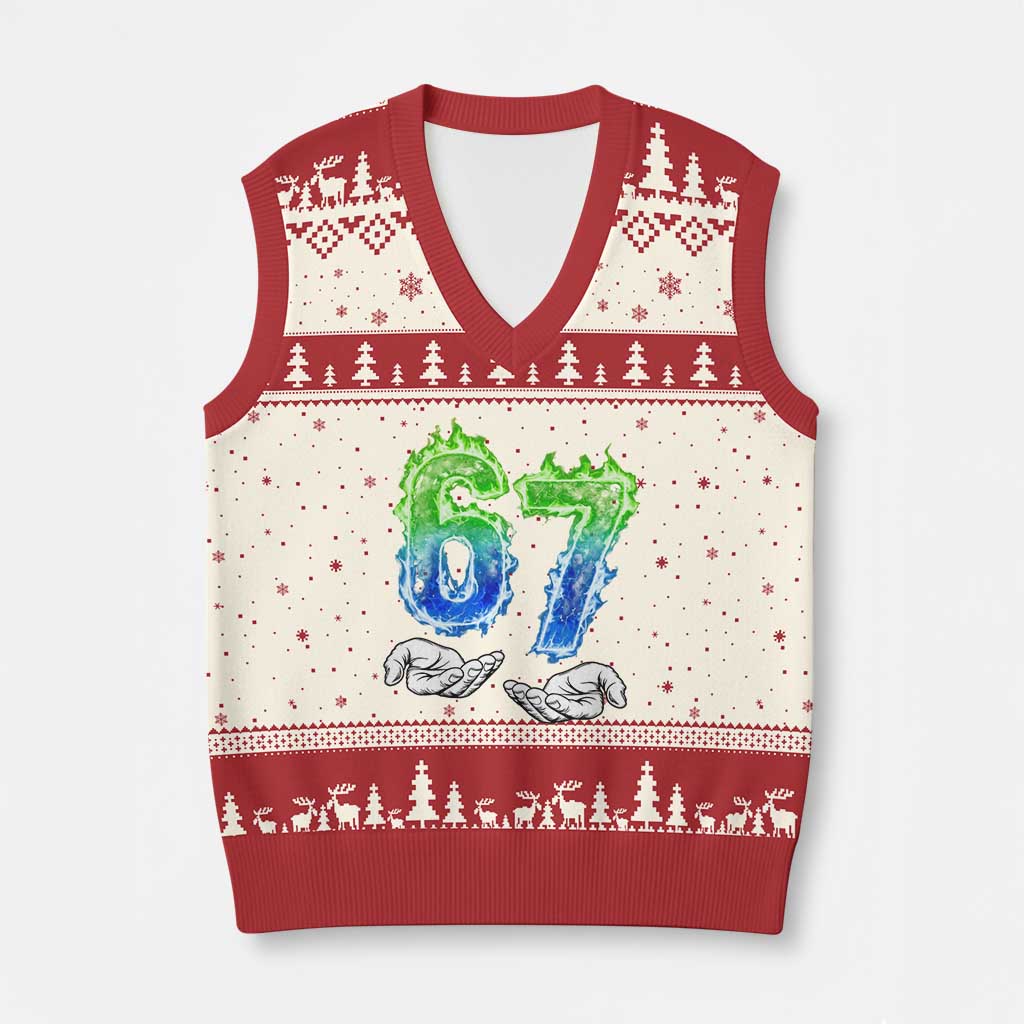 Green Fire Flame Six Seven V-Neck Knit Sweater Vest Trendy Meme Gift TS12 Beige Red Print Your Wear