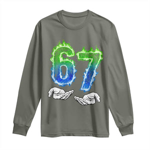 Green Fire Flame Six Seven Long Sleeve Shirt Trendy Meme Gift TS12 Military Green Print Your Wear