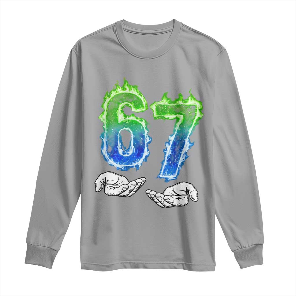 Green Fire Flame Six Seven Long Sleeve Shirt Trendy Meme Gift TS12 Sport Gray Print Your Wear