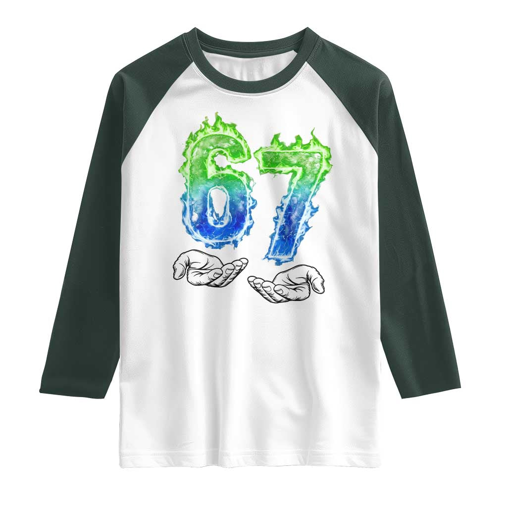 Green Fire Flame Six Seven Raglan Shirt Trendy Meme Gift TS12 White Dark Forest Green Print Your Wear