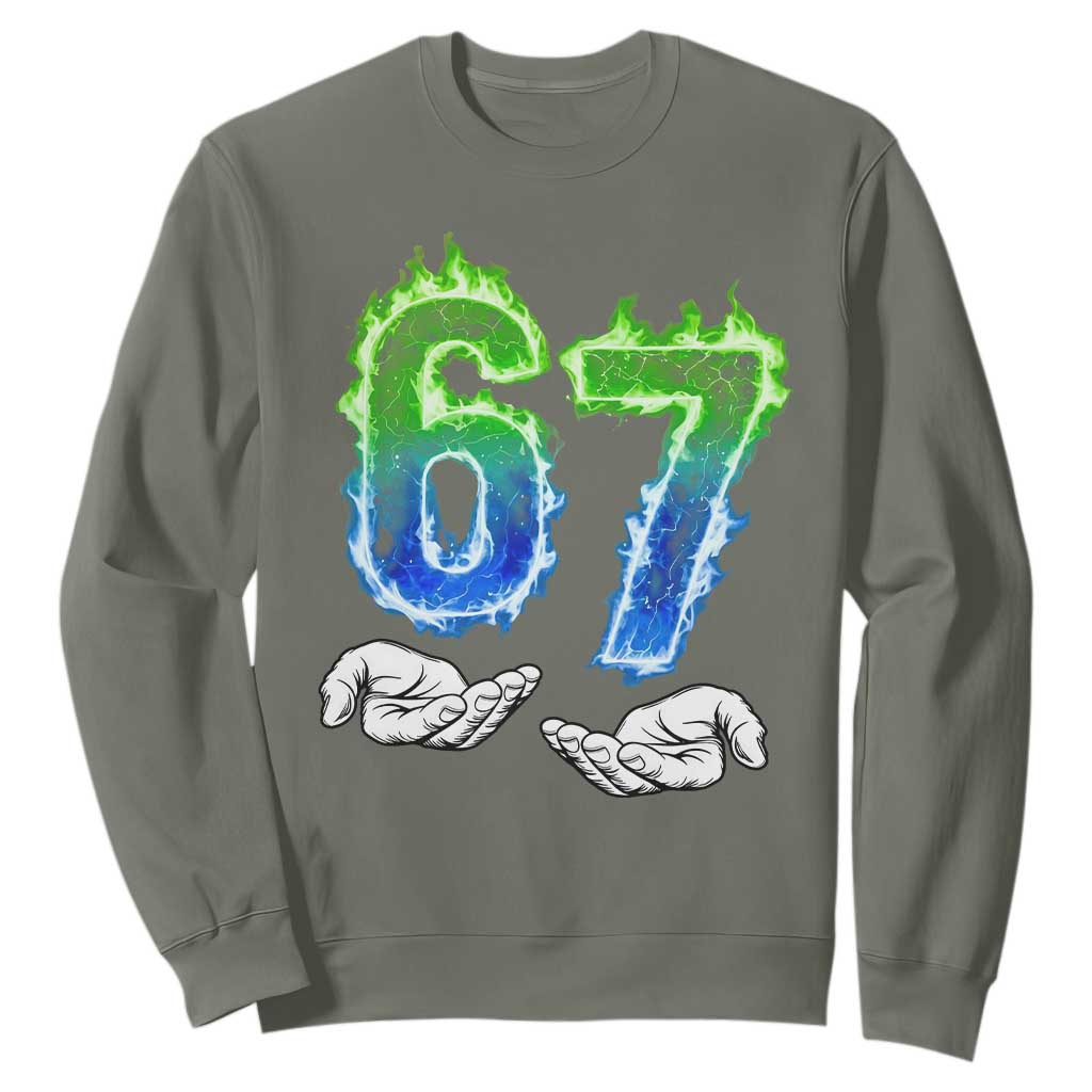 Green Fire Flame Six Seven Sweatshirt Trendy Meme Gift TS12 Military Green Print Your Wear