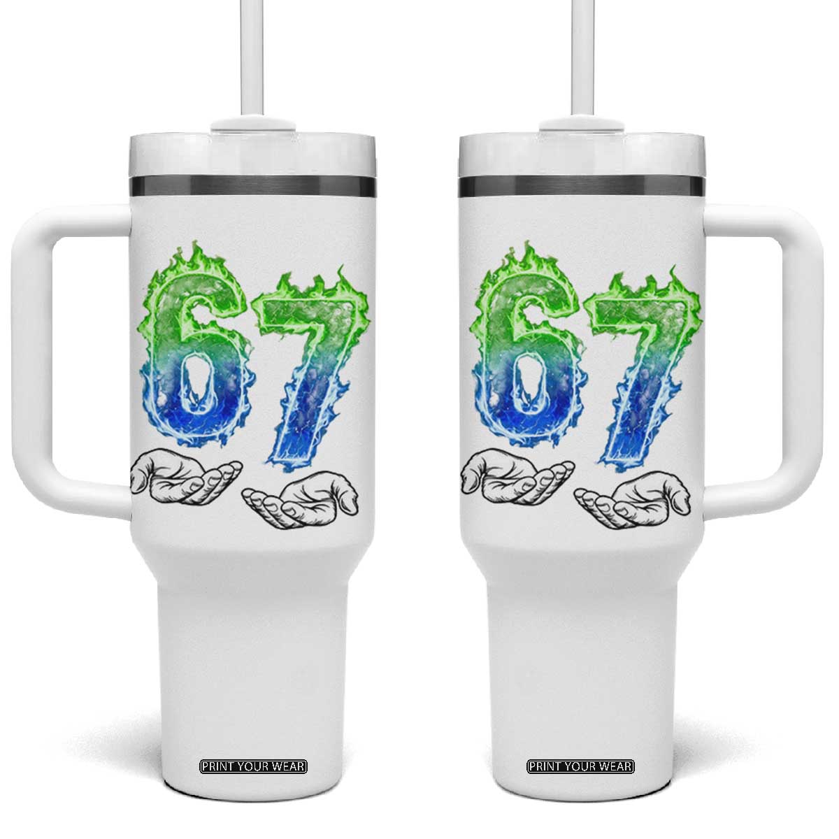 Green Fire Flame Six Seven Tumbler With Handle Trendy Meme Gift TS12 One Size: 40 oz White Print Your Wear