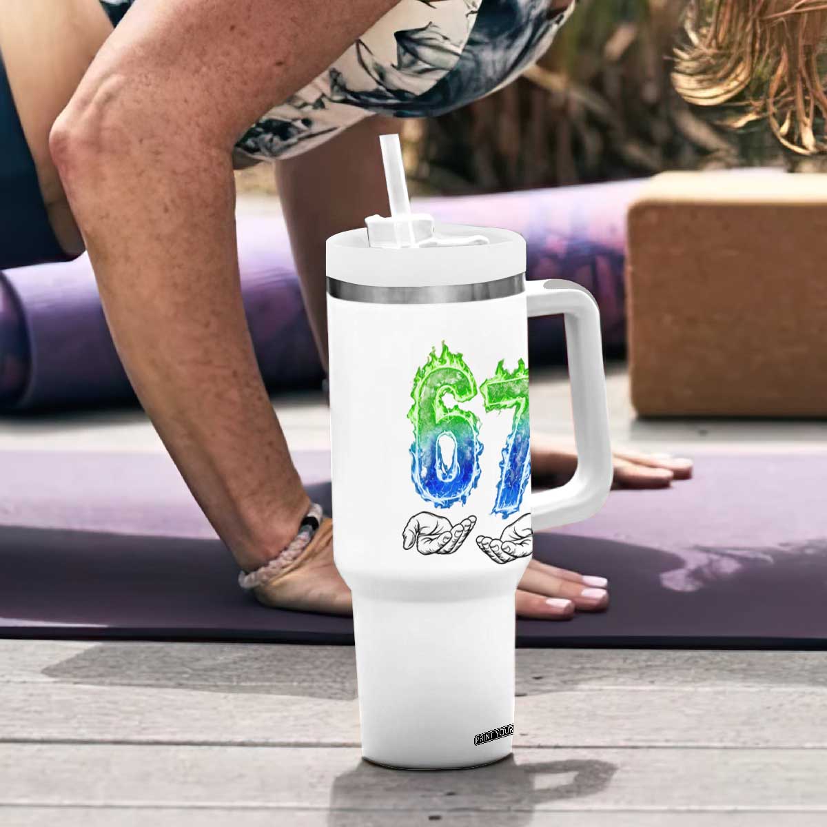 Green Fire Flame Six Seven Tumbler With Handle Trendy Meme Gift TS12 Print Your Wear