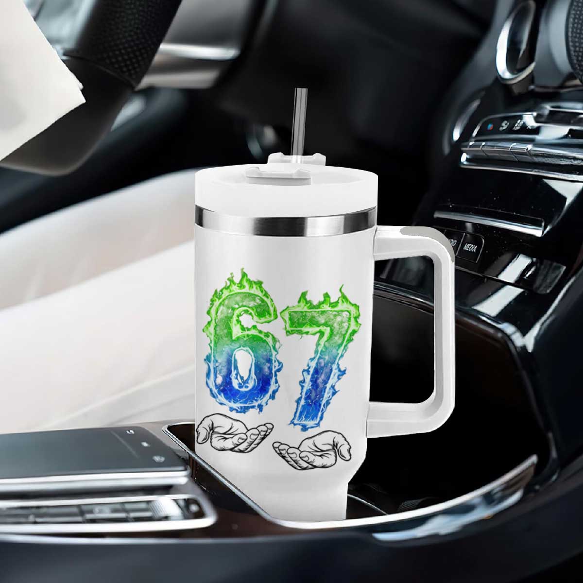 Green Fire Flame Six Seven Tumbler With Handle Trendy Meme Gift TS12 Print Your Wear
