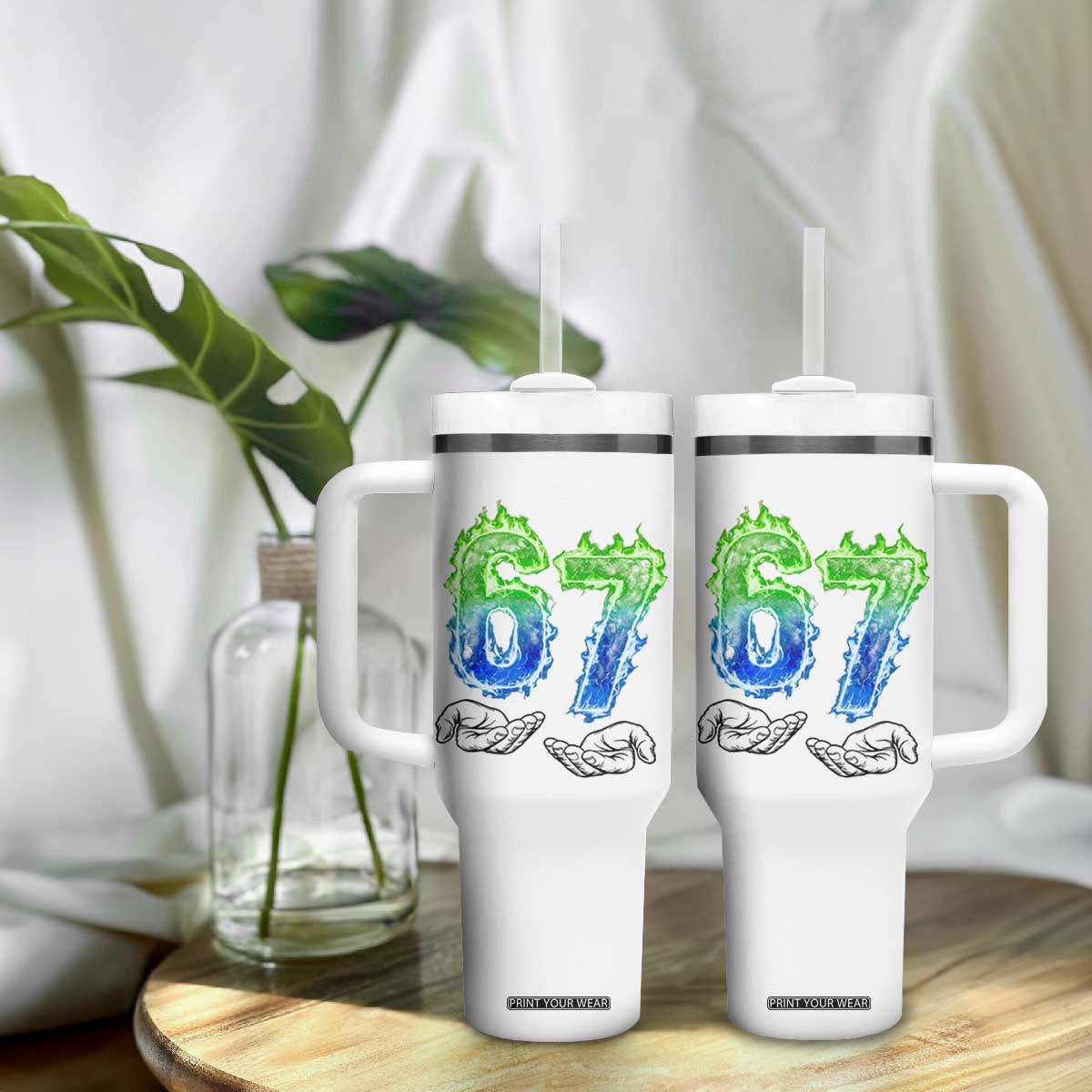 Green Fire Flame Six Seven Tumbler With Handle Trendy Meme Gift TS12 Print Your Wear