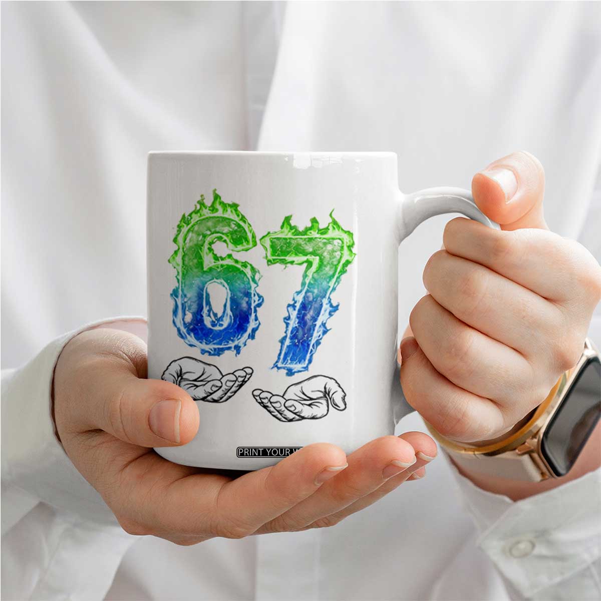 Green Fire Flame Six Seven Coffee Mug Trendy Meme Gift TS12 Print Your Wear