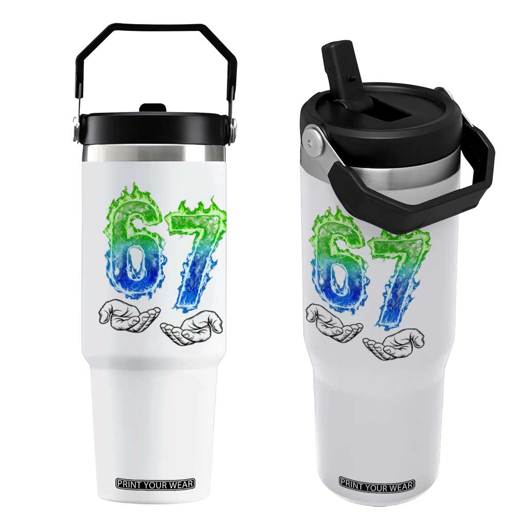 Green Fire Flame Six Seven Flip Straw Tumbler Trendy Meme Gift TS12 One Size: 30 oz White Print Your Wear