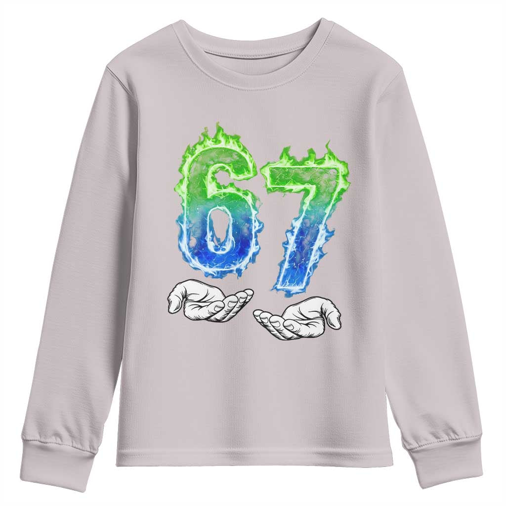 Green Fire Flame Six Seven Youth Sweatshirt Trendy Meme Gift TS12 Ice Gray Print Your Wear