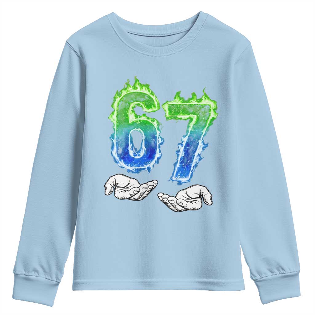 Green Fire Flame Six Seven Youth Sweatshirt Trendy Meme Gift TS12 Light Blue Print Your Wear