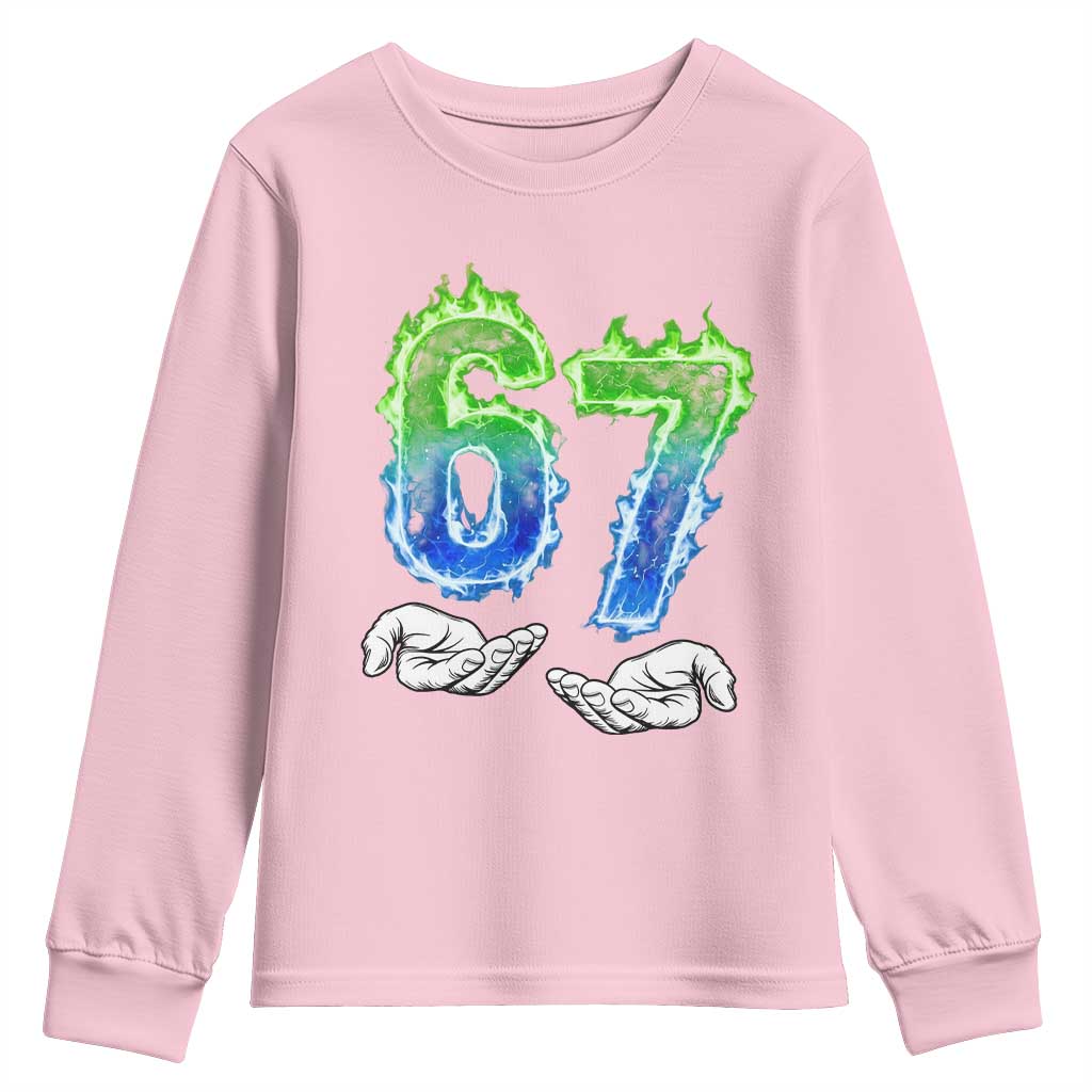 Green Fire Flame Six Seven Youth Sweatshirt Trendy Meme Gift TS12 Light Pink Print Your Wear