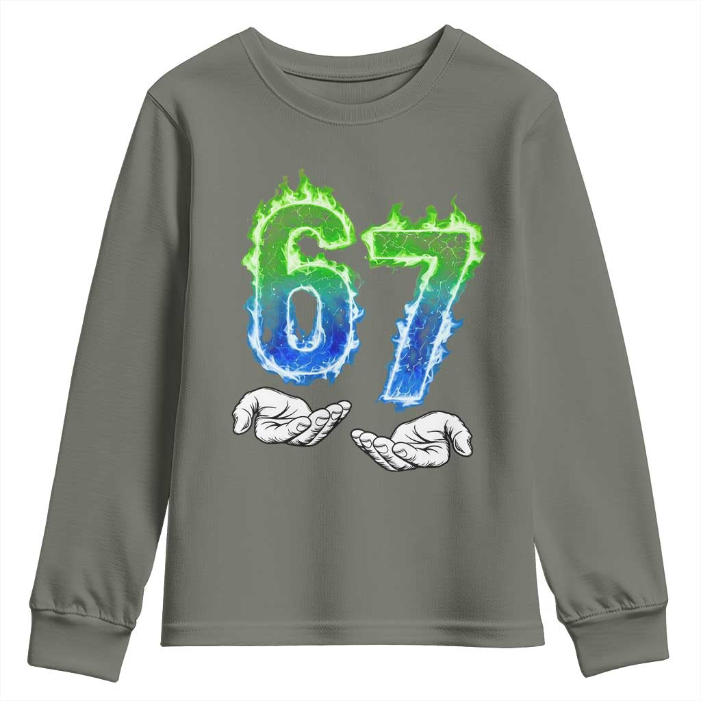 Green Fire Flame Six Seven Youth Sweatshirt Trendy Meme Gift TS12 Military Green Print Your Wear