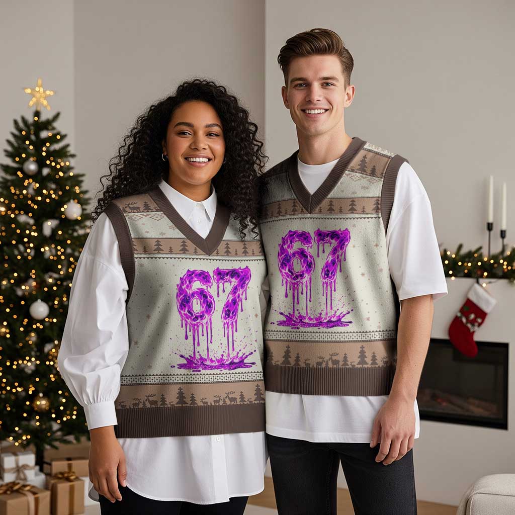 Drip Fire Flame Six Seven V-Neck Knit Sweater Vest Trendy Meme Gift TS12 Mocha Mousse Print Your Wear