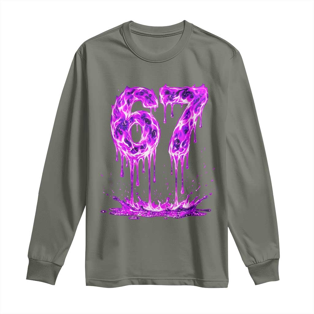 Drip Fire Flame Six Seven Long Sleeve Shirt Trendy Meme Gift TS12 Military Green Print Your Wear