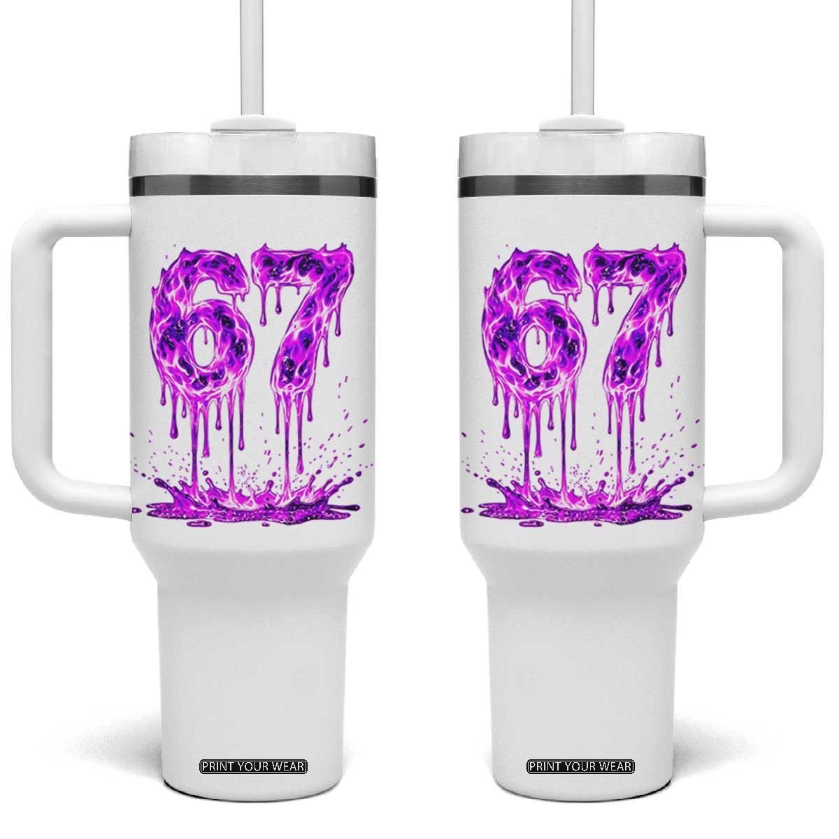 Drip Fire Flame Six Seven Tumbler With Handle Trendy Meme Gift TS12 One Size: 40 oz White Print Your Wear