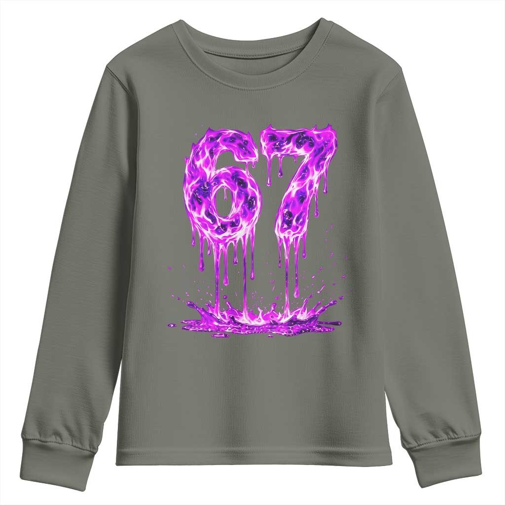 Drip Fire Flame Six Seven Youth Sweatshirt Trendy Meme Gift TS12 Military Green Print Your Wear