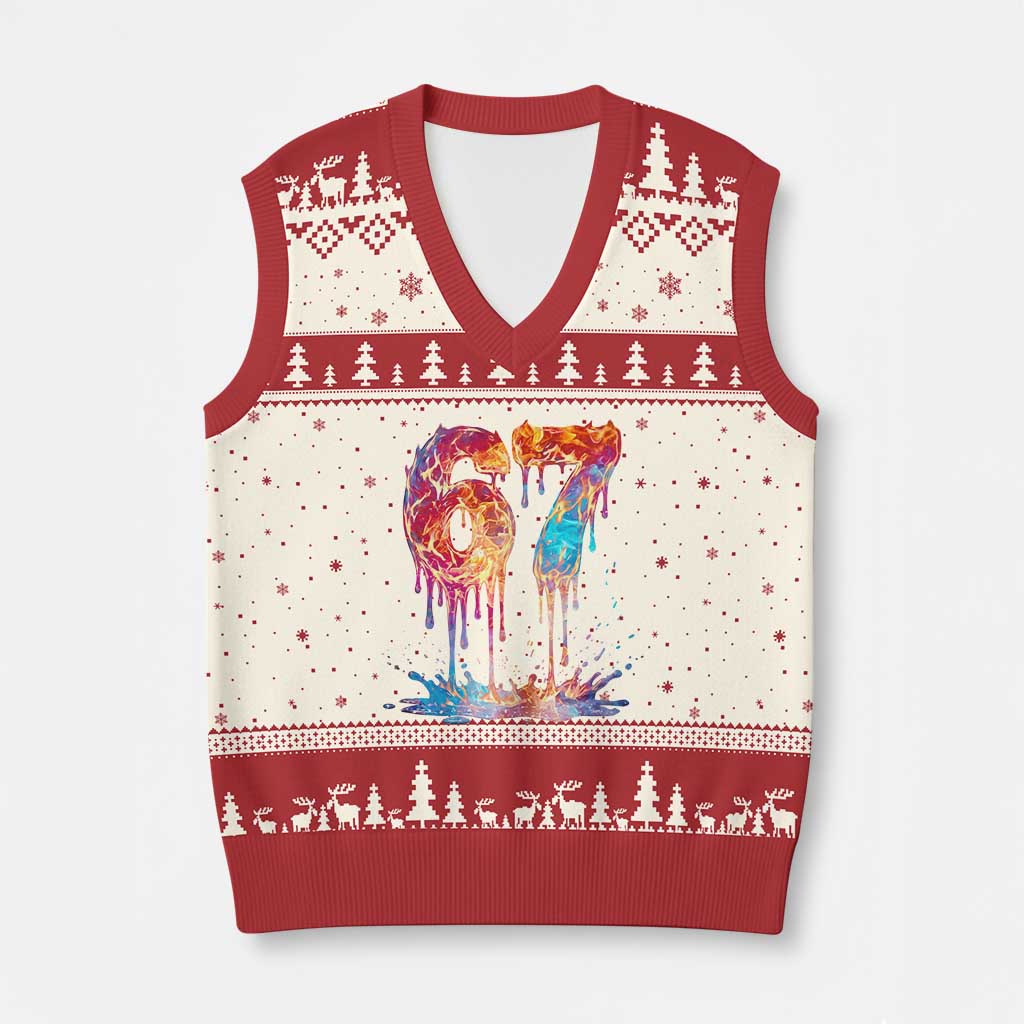 Burning Six Seven V-Neck Knit Sweater Vest Drip Fire Flame Meme TS12 Beige Red Print Your Wear