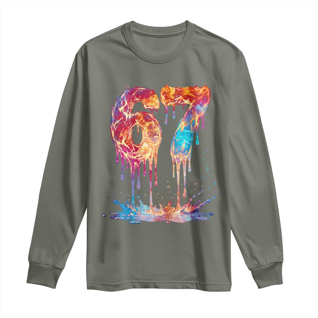 Burning Six Seven Long Sleeve Shirt Drip Fire Flame Meme TS12 Military Green Print Your Wear