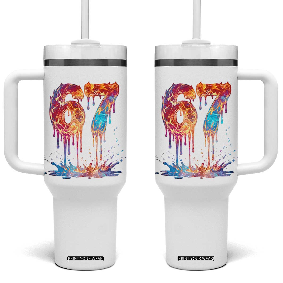 Burning Six Seven Tumbler With Handle Drip Fire Flame Meme TS12 One Size: 40 oz White Print Your Wear