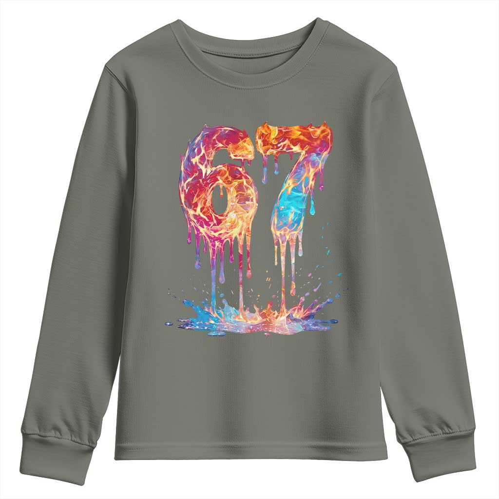 Burning Six Seven Youth Sweatshirt Drip Fire Flame Meme TS12 Military Green Print Your Wear