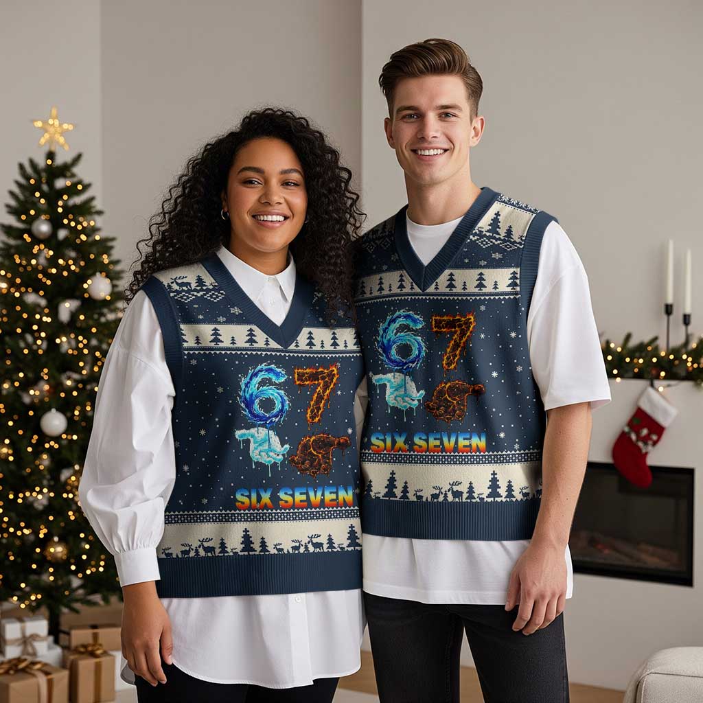 Water Fire Element Six Seven V-Neck Knit Sweater Vest Trendy Meme Gift TS12 Navy Beige Print Your Wear