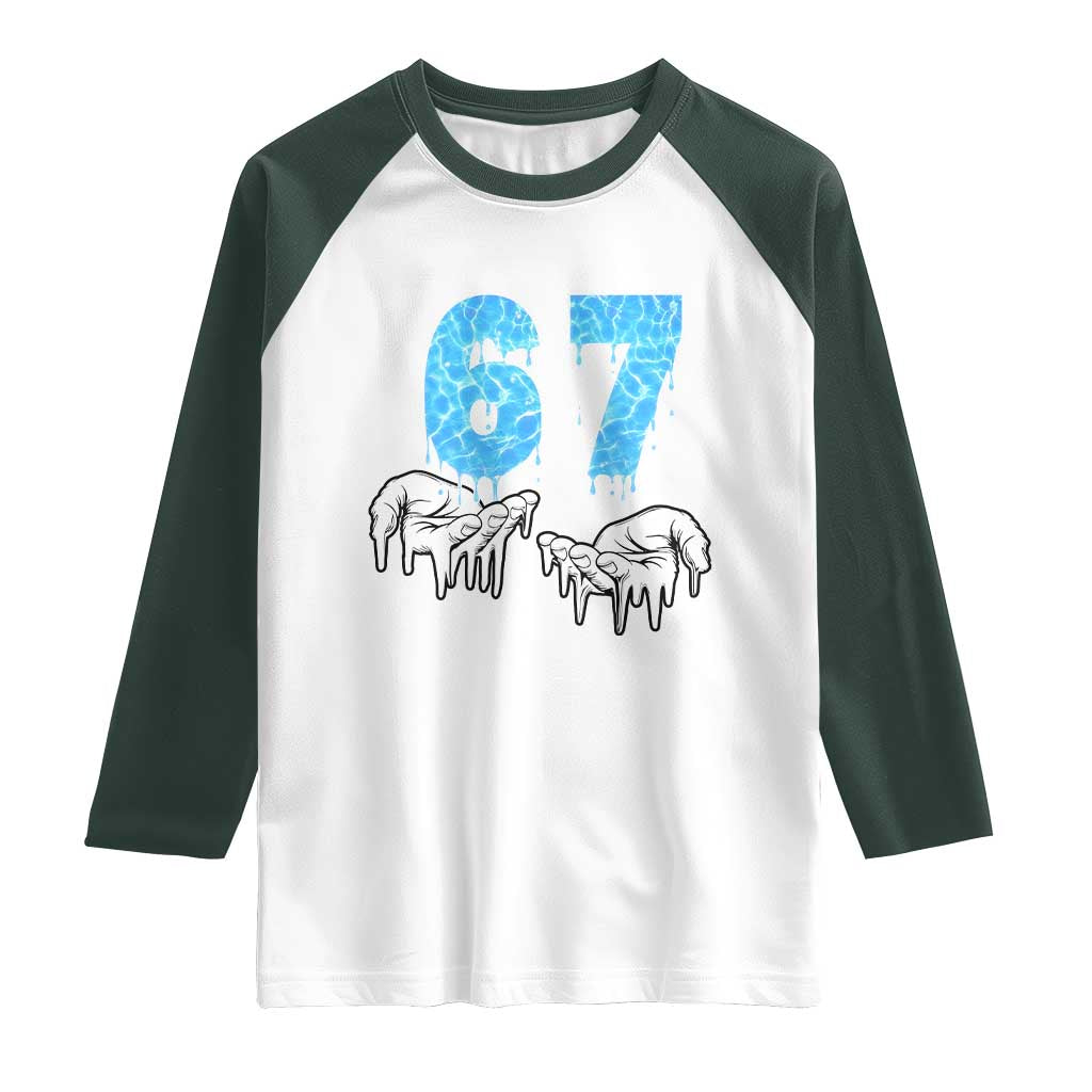 Ocean Water Wave Effect Printed Raglan Shirt Six Seven Meme TS12 White Dark Forest Green Print Your Wear