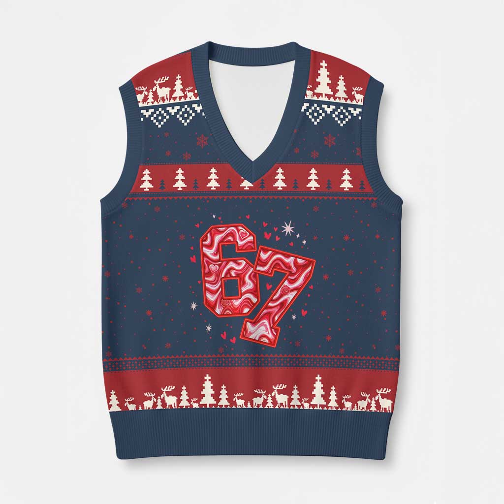 Glitch Swirl Effect Printed Six Seven Meme V-Neck Knit Sweater Vest Valentines Day Gift TS12 Navy Red Print Your Wear