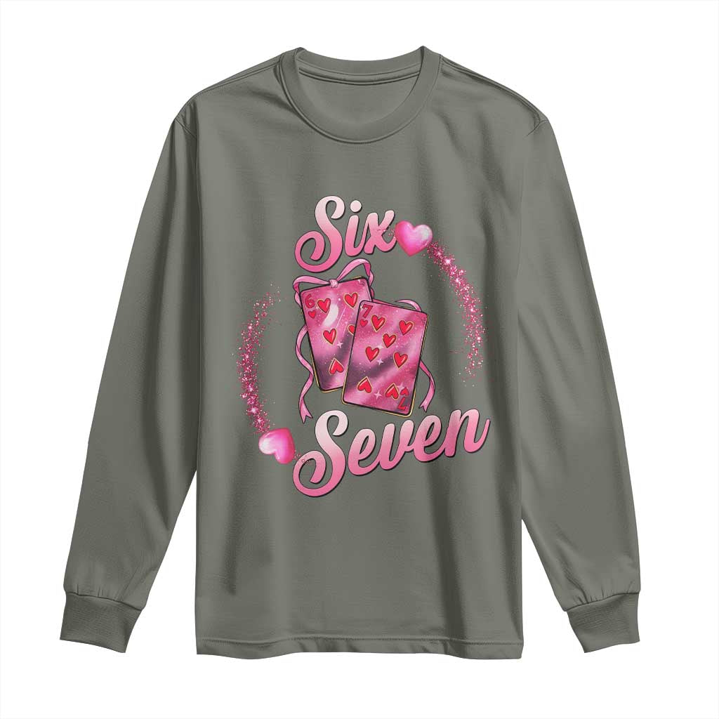 Playing Cards 67 Of Hearts Long Sleeve Shirt Six Seven Valentine Meme TS12 Military Green Print Your Wear