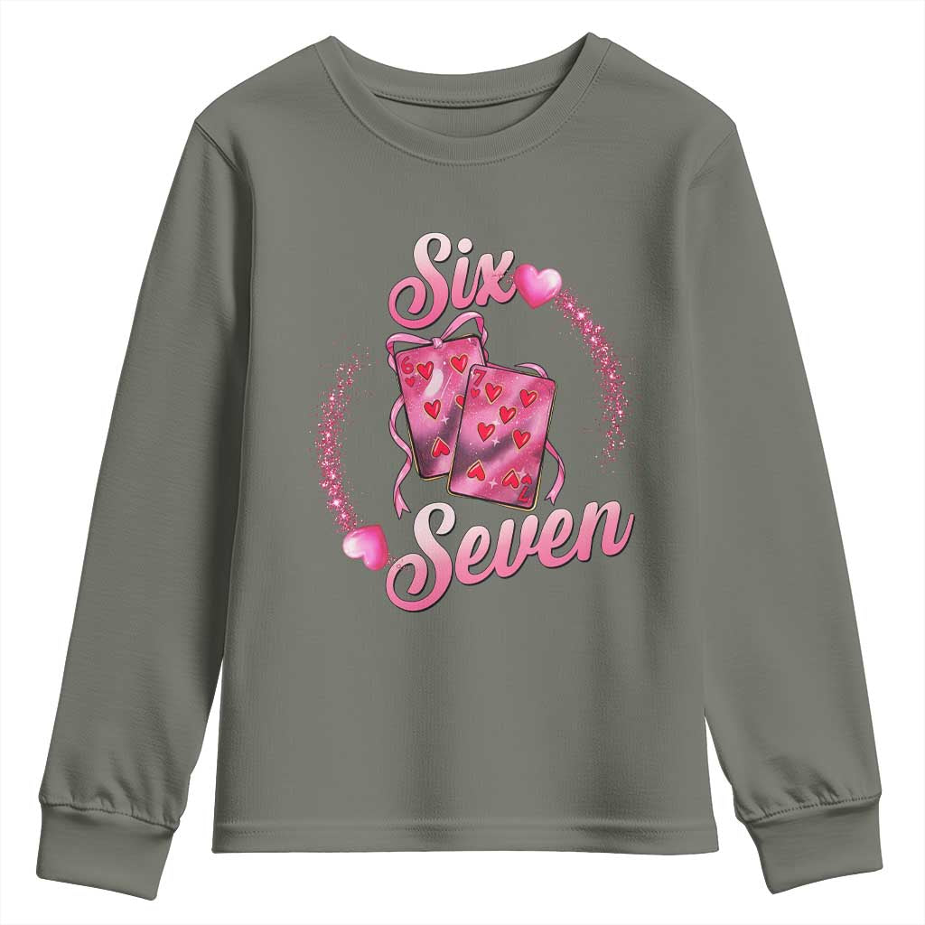 Playing Cards 67 Of Hearts Youth Sweatshirt Six Seven Valentine Meme TS12 Military Green Print Your Wear