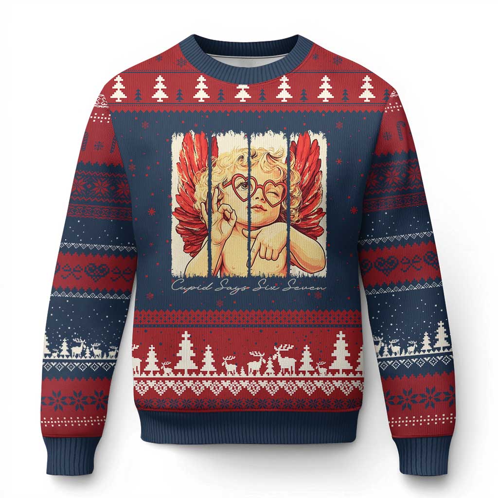 Retro Cupid Says Six Seven Ugly Christmas Sweater 67 Valentines Day TS12 Navy Red Print Your Wear