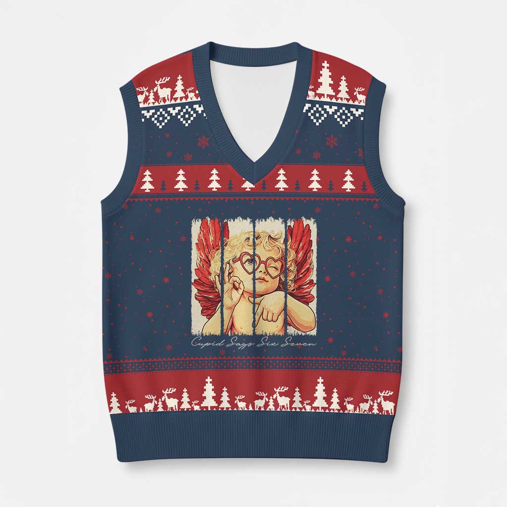 Retro Cupid Says Six Seven V-Neck Knit Sweater Vest 67 Valentines Day TS12 Navy Red Print Your Wear