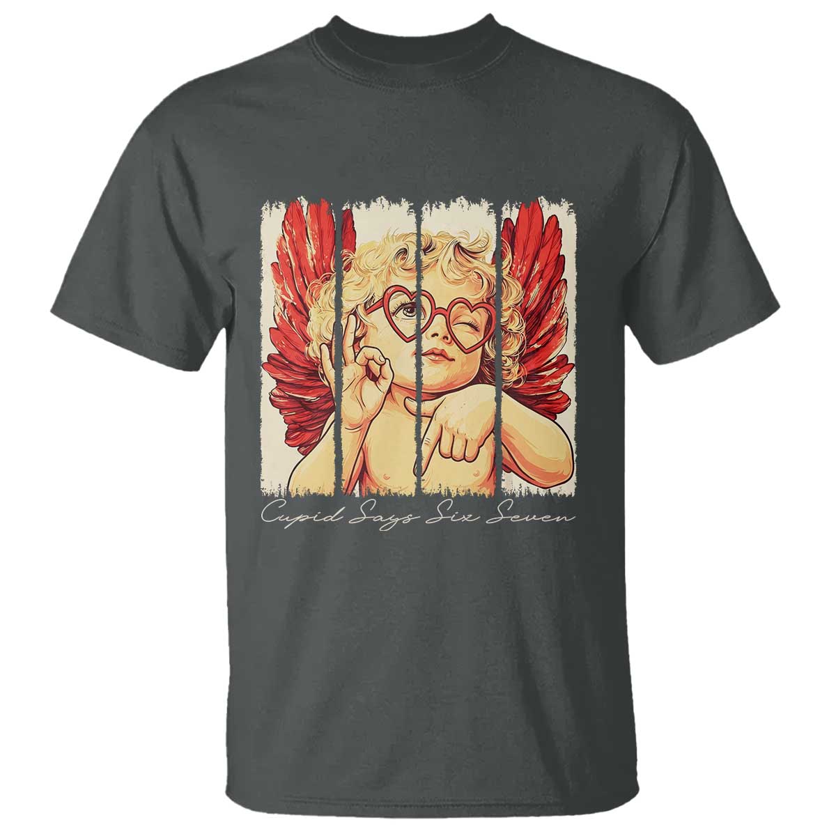 Retro Cupid Says Six Seven T Shirt 67 Valentines Day TS12 Dark Heather Print Your Wear