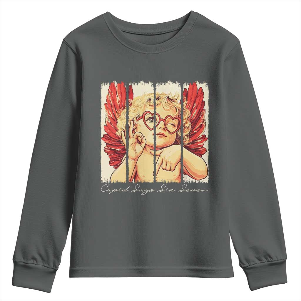 Retro Cupid Says Six Seven Youth Sweatshirt 67 Valentines Day TS12 Dark Heather Print Your Wear