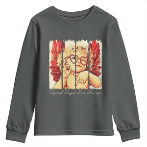 Retro Cupid Says Six Seven Youth Sweatshirt 67 Valentines Day TS12 Dark Heather Print Your Wear